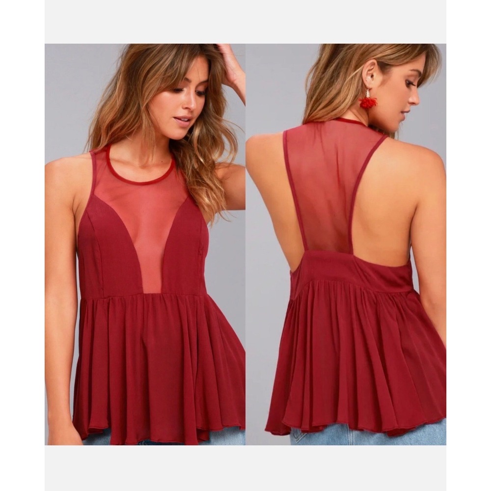 H2 Intimately Free People Red Mesh Panel Pleated Slip Dress Sleeveless Small
